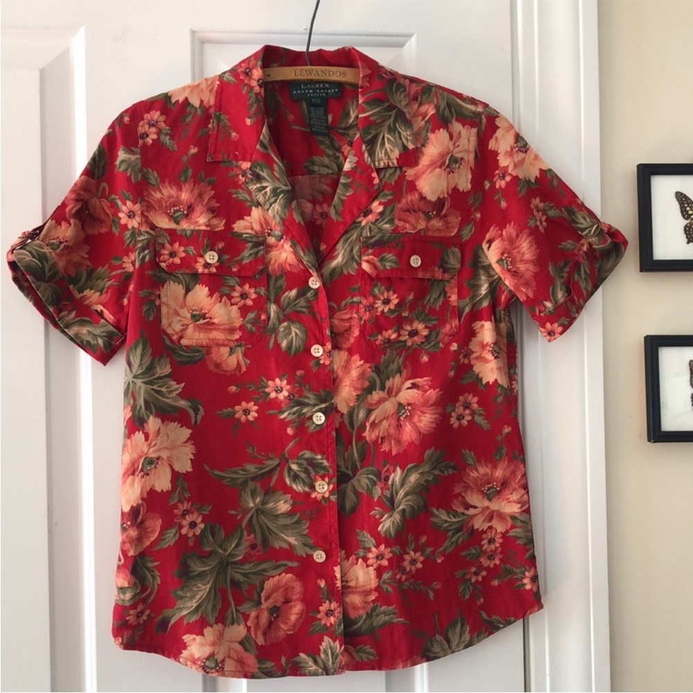 LRL 100% Linen Button Down Floral Print Shirt